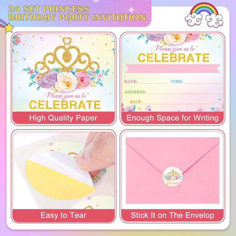 TaoBary 24 Set Princess Baby Shower Invitation Pink Princess Birthday Invitation Cards with Envelopes and Stickers Royal Little Princess Invitation for Baby Shower Birthday Party Supplies (Happy Birthday) - Image 4